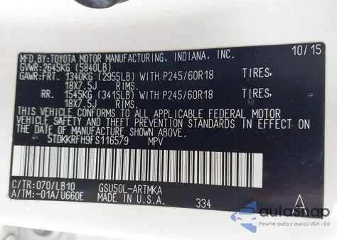 2015 Toyota Highlander Xle V6 z USA, uszkodzony, nr VIN 5TDKKRFH9FS116579